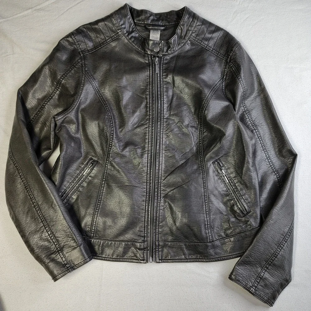 Cruel Womens Faux Leather Biker Jacket Metallic Black Leopard Lining XL - Picture 4 of 15